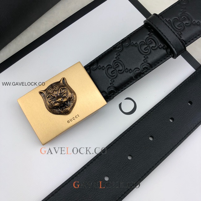 Gucci Monogram Leather Belt Brass Square Tiger Decor Buckle